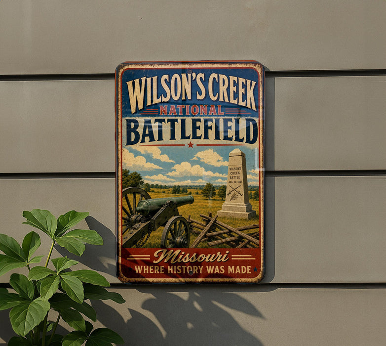 A vintage-style metal sign for Wilson's Creek National Battlefield, featuring a cannon and a monument, mounted on a wall.