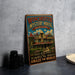 A vintage-style metal sign for Winchester Mystery House in San Jose, California, featuring an illustration of the house and the text "Built in Mystery to Baffle the Spirits AMAZE the World!"