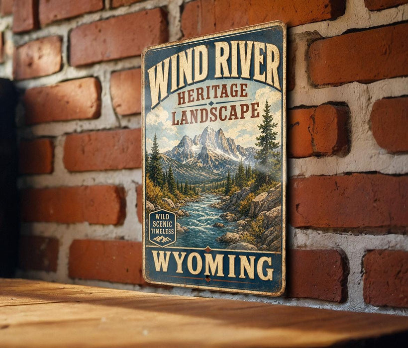 A vintage-style metal sign with the text "Wind River Heritage Landscape" and "Wild Scenic Rockies Wyoming" is displayed on a brick wall.