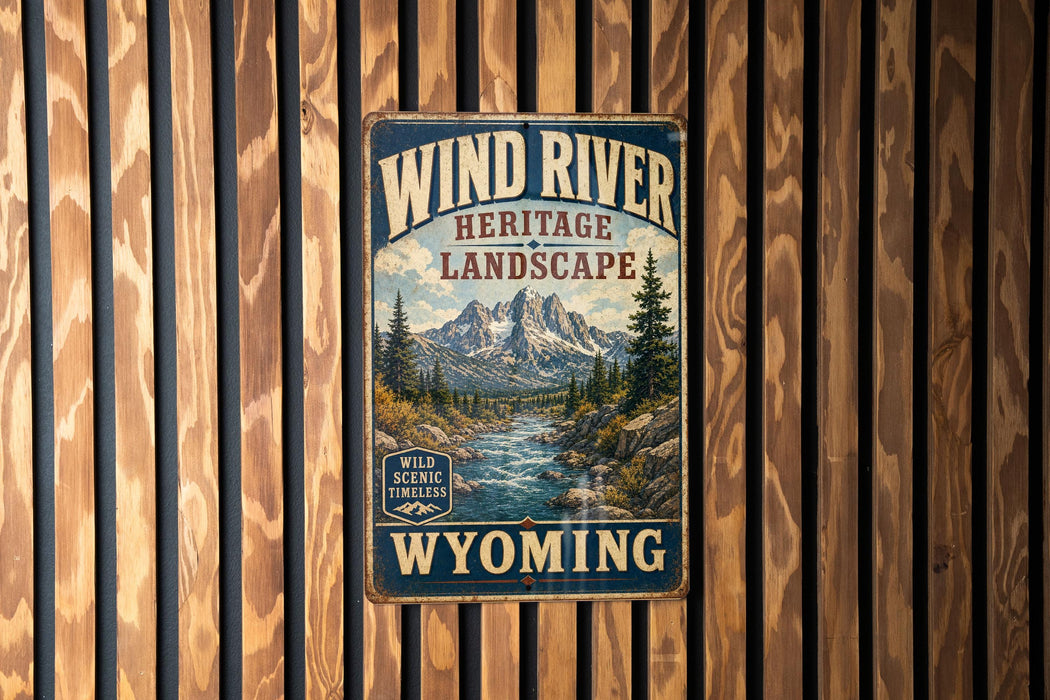 A vintage-style metal sign with the text "Wind River Heritage Landscape" and "Wild Scenic Timepieces Wyoming" is displayed on a wooden wall.