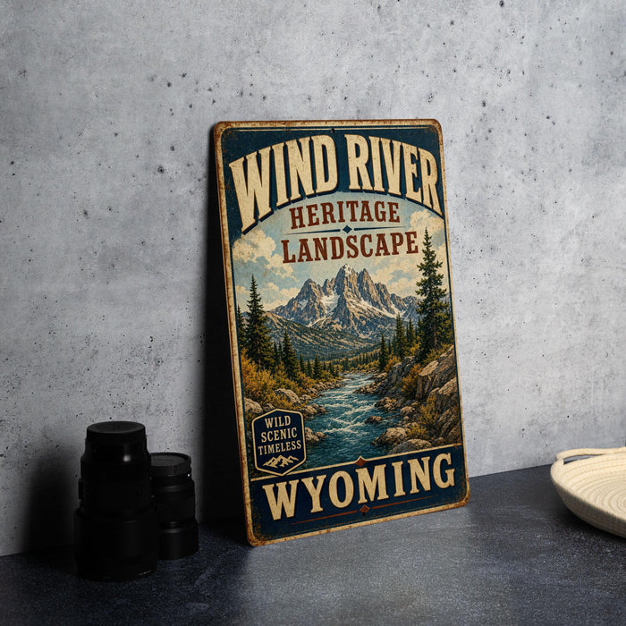 A vintage-style sign advertising the Wind River Heritage Landscape in Wyoming, featuring a scenic mountain landscape.