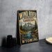 A vintage-style sign advertising the Wind River Heritage Landscape in Wyoming, featuring a scenic mountain landscape.