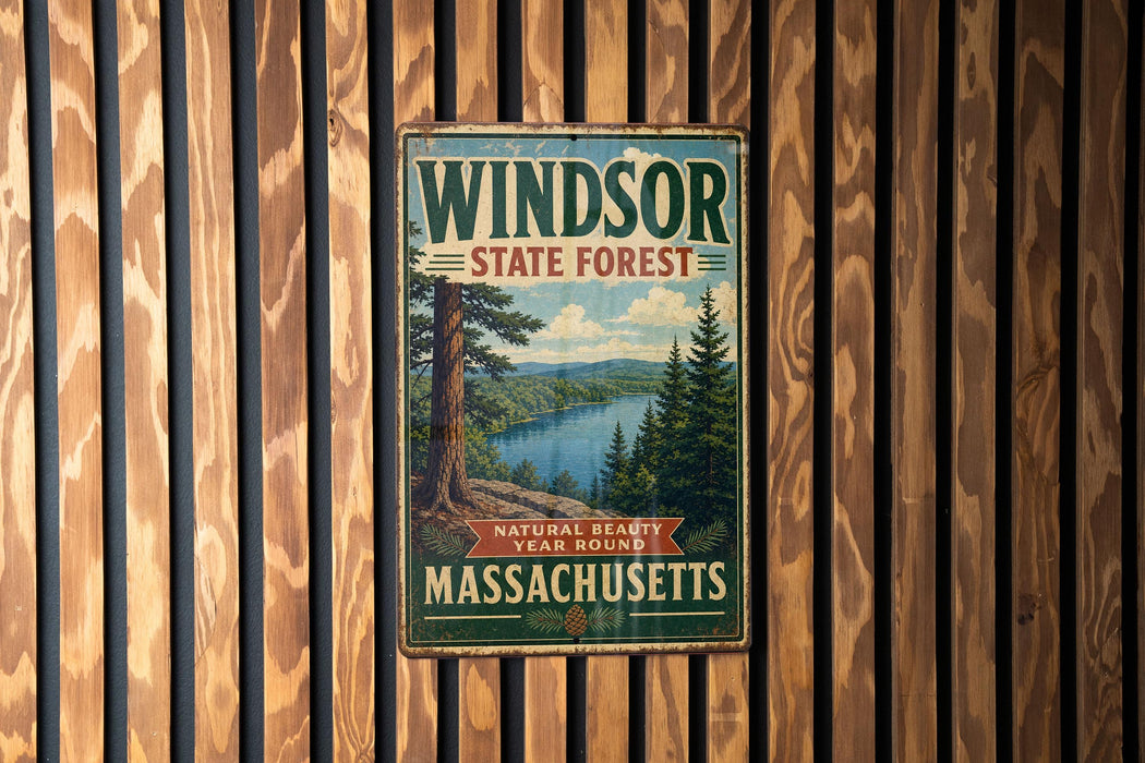 A vintage metal sign for the Windsor State Forest in Massachusetts, featuring a scenic image of a forest and a lake.