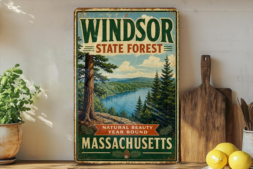 A vintage-style metal sign for the Windsor State Forest in Massachusetts, featuring a scenic landscape with pine trees, a river, and mountains.