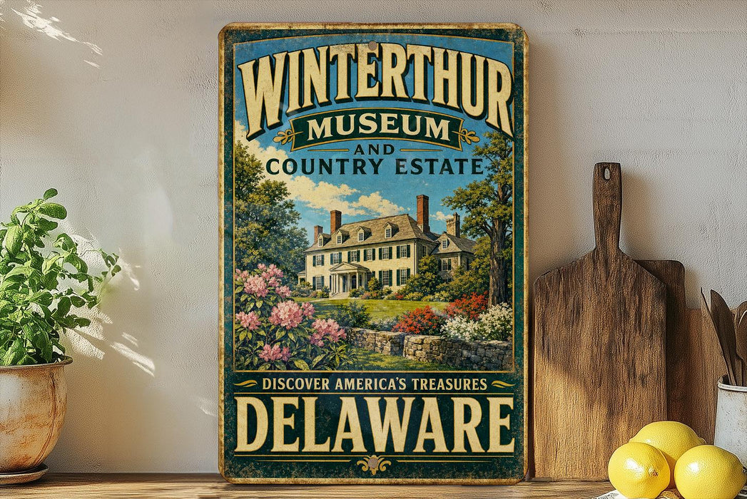 A vintage-style sign for the Winterthur Museum and Country Estate in Delaware, featuring a large illustration of a house surrounded by trees and flowers.