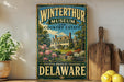 A vintage-style sign for the Winterthur Museum and Country Estate in Delaware, featuring a large illustration of a house surrounded by trees and flowers.