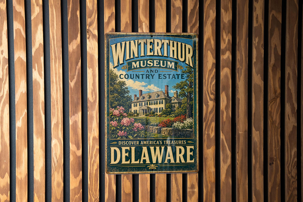 A vintage-style metal sign for the Winterthur Museum and Country Estate in Delaware, featuring a large illustration of a historic building surrounded by trees and flowers.
