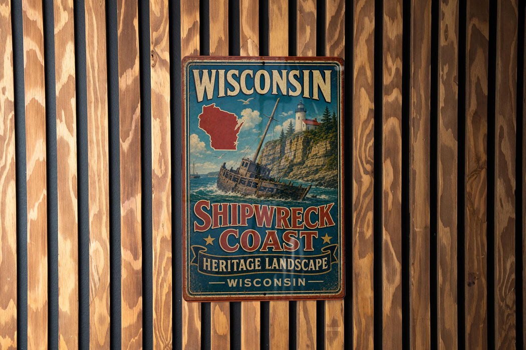A vintage Wisconsin shipwreck coast sign is displayed on a wooden wall.