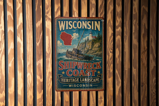 A vintage Wisconsin shipwreck coast sign is displayed on a wooden wall.
