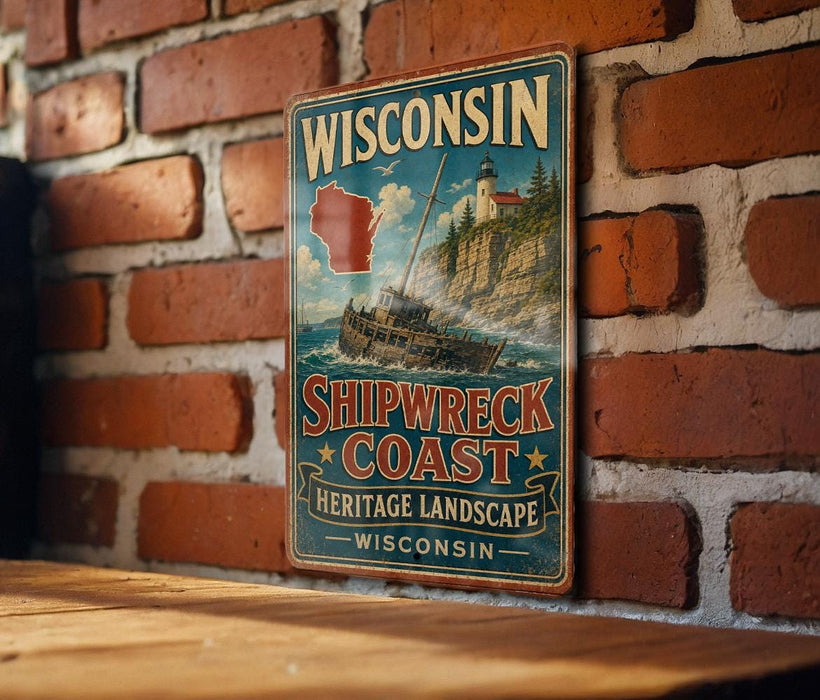 A vintage Wisconsin shipwreck coast sign is displayed on a brick wall, with a wooden table below it.
