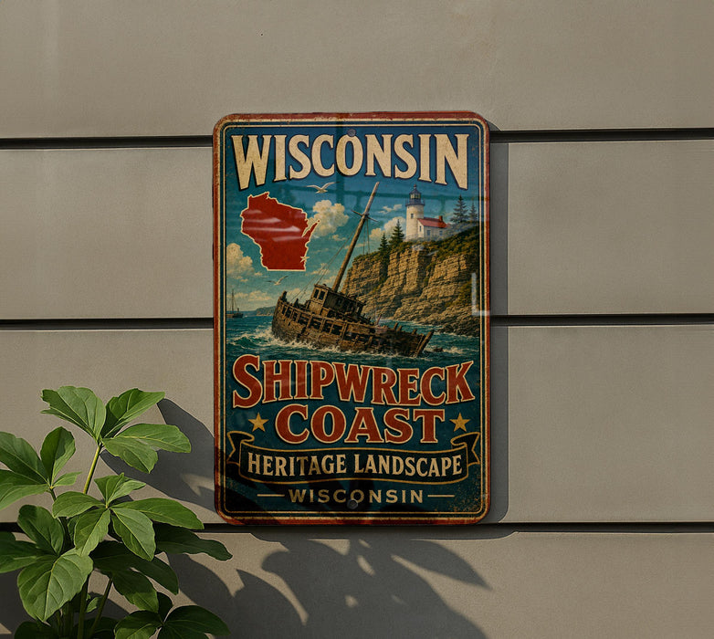 A vintage-style metal sign for Wisconsin's Shipwreck Coast, featuring a lighthouse and a ship on a rocky coastline.