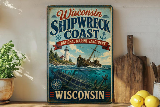 A vintage-style metal sign for the Wisconsin Shipwreck Coast National Marine Sanctuary, featuring a lighthouse, shipwreck, and ocean scene.