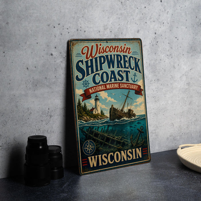 A vintage-style metal sign for Wisconsin's Shipwreck Coast, featuring a lighthouse and a shipwreck, is displayed on a gray countertop.