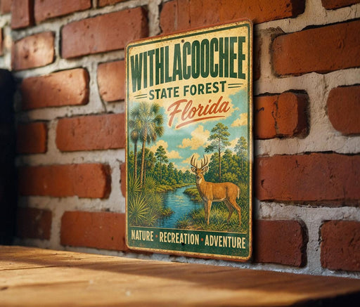 A vintage metal sign with a deer and palm trees, mounted on a brick wall.