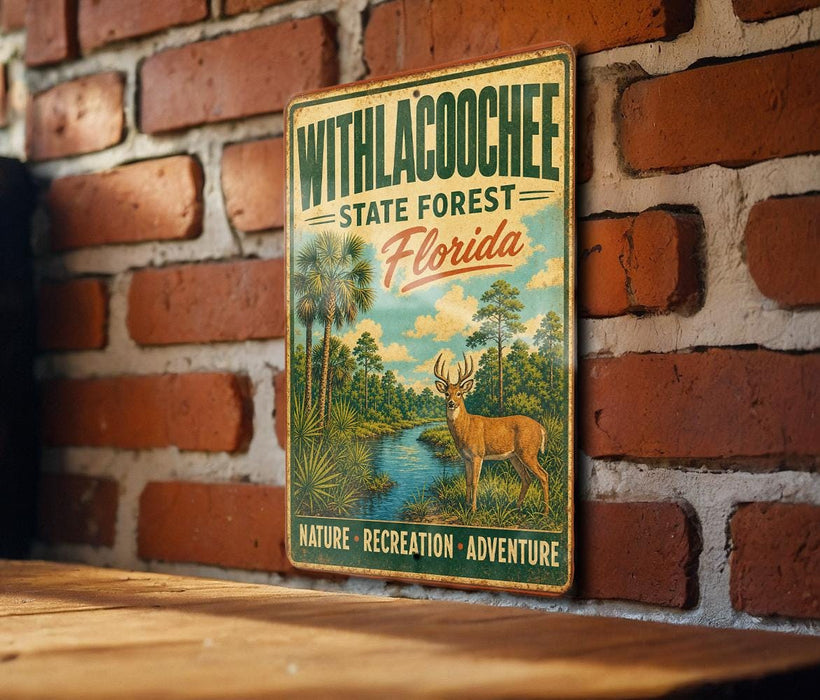A vintage metal sign with a deer and palm trees, mounted on a brick wall.