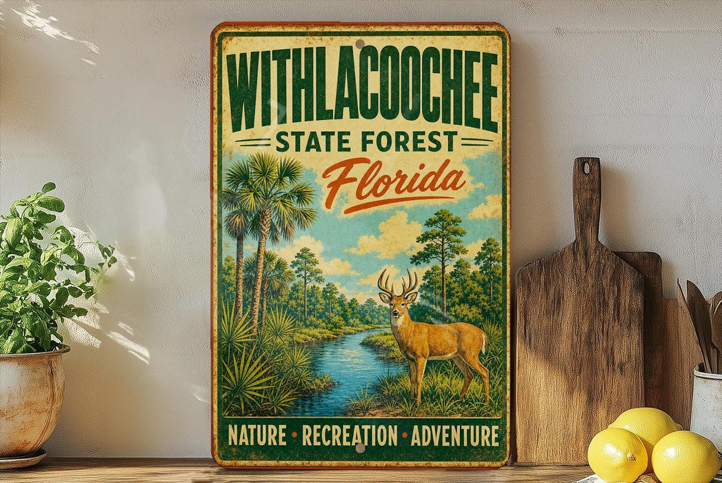 A vintage-style metal sign with a painting of a deer in a forest, surrounded by palm trees and a river, advertising the Withlacoochee State Forest in Florida.