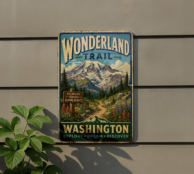 A vintage-style metal sign for the Wonderland Trail in Washington, featuring a mountain landscape and a trail sign.