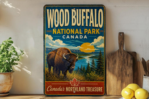 A vintage-style sign for Wood Buffalo National Park in Canada, featuring an illustration of a bison in a grassy field with mountains in the background.