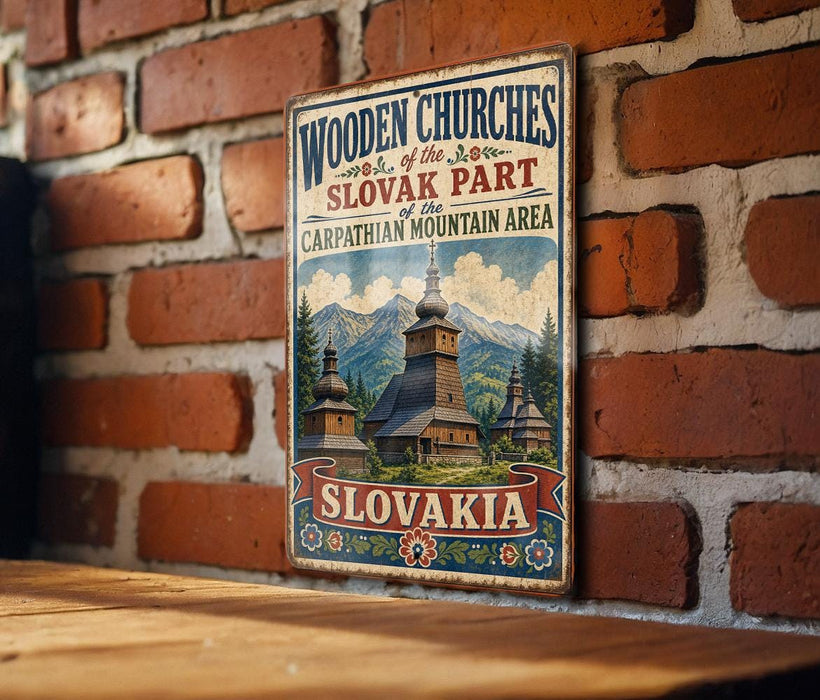 A vintage-style sign for "Wooden Churches of the Slovak Part" in the Carpathian Mountain Area of Slovakia, featuring a church with a tall spire and mountains in the background.