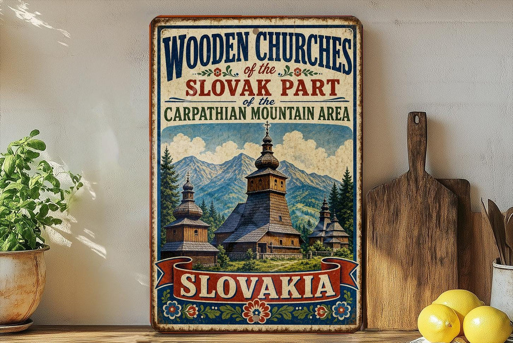 A vintage-style sign for "Wooden Churches of the Slovak Part of the Carpathian Mountain Area" in Slovakia, featuring a church with a tall spire and mountains in the background.
