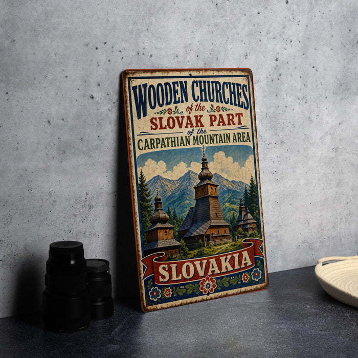 A vintage-style metal sign with text and an illustration of wooden churches in the Czech Republic, specifically in the Carpathian Mountains area.