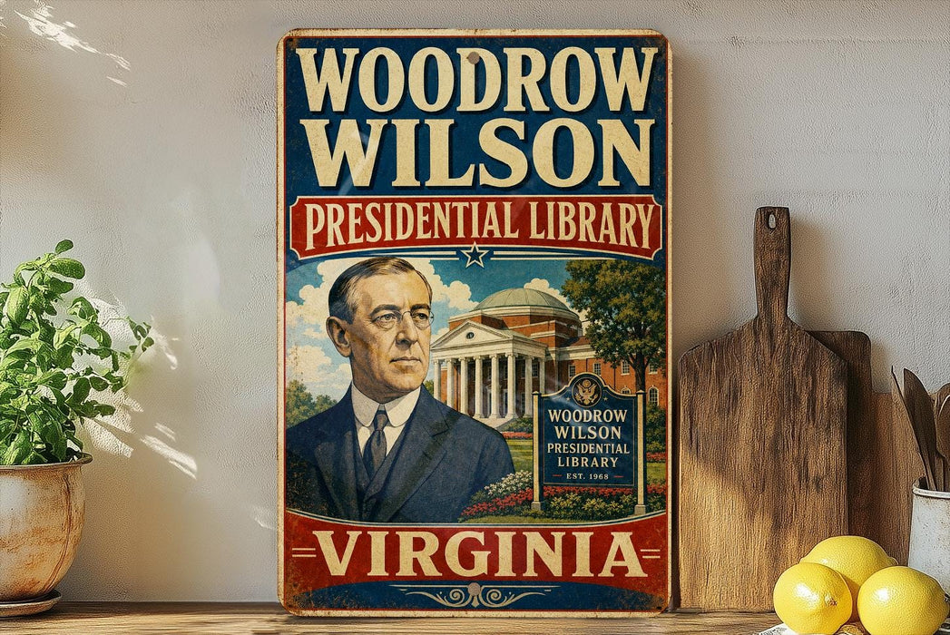 A vintage-style sign for the Woodrow Wilson Presidential Library in Virginia, featuring an illustration of a man in a suit and tie.