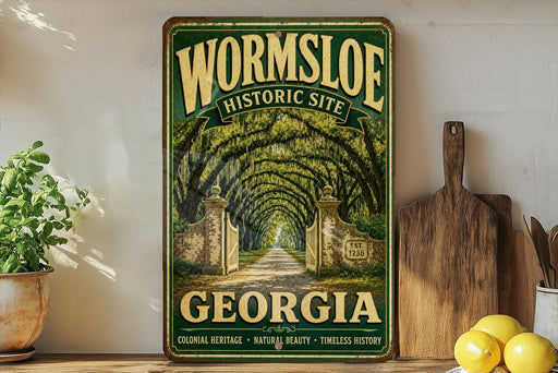 A vintage-style sign for Wormsleeve Historic Site in Georgia, featuring a path leading through a tunnel of trees.