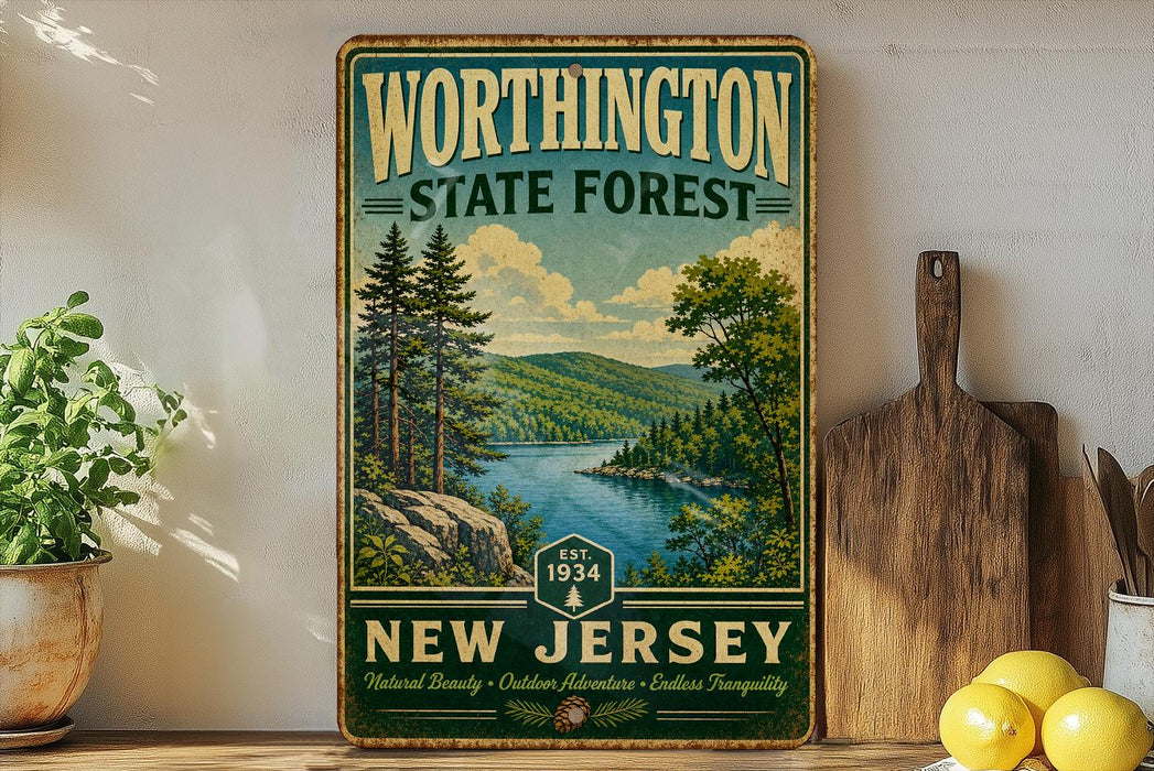 A vintage-style sign for WorthINGTON STATE FOREST, New Jersey, featuring a scenic landscape with pine trees, a lake, and mountains.