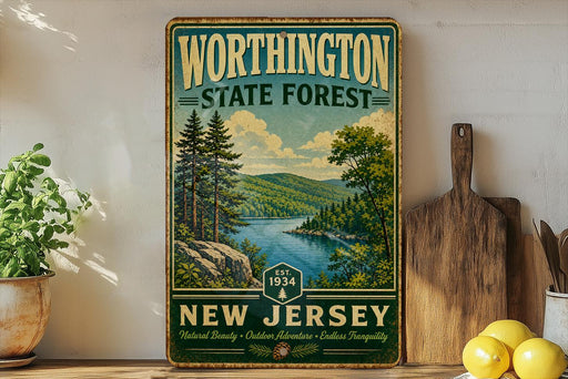 A vintage-style sign for WorthINGTON STATE FOREST, New Jersey, featuring a scenic landscape with pine trees, a lake, and mountains.