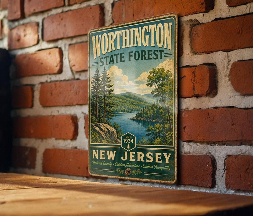 A vintage metal sign with the text "Worthington State Forest" and "New Jersey" is displayed on a brick wall.