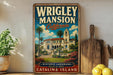 A vintage-style sign for Wrigley Mansion, a historic landmark in Catalina Island, California.
