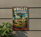 A vintage-style metal sign for Wrigley Mansion, a historic landmark in Catalina Island, California.