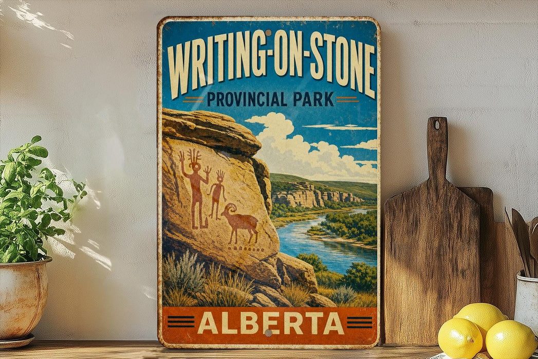 A vintage-style sign for Writing on Stone Provincial Park in Alberta, Canada, featuring a scenic landscape with rock formations and a river.