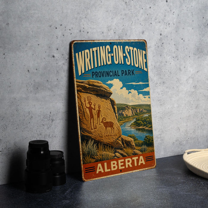 A vintage-style sign for Writing-On-Stone Provincial Park in Alberta, Canada, featuring an illustration of a rock with figures and a river in the background.