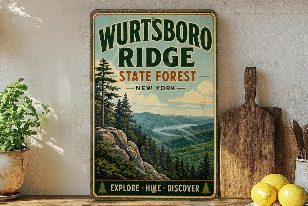 A vintage-style sign for Wurtsboro Ridge State Forest in New York, featuring a scenic mountain landscape with pine trees and a winding river.