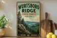 A vintage-style sign for Wurtsboro Ridge State Forest in New York, featuring a scenic mountain landscape with pine trees and a winding river.