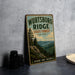 A vintage-style metal sign for Wurtsboro Ridge State Forest in New York, featuring a scenic mountain landscape with pine trees and a river.