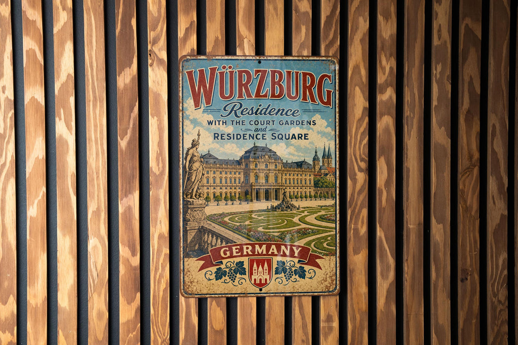 A vintage metal sign with the text "Würzburg Residence with the Court Gardens of the Residence Square" and "GERMANY" is displayed on a wooden wall.