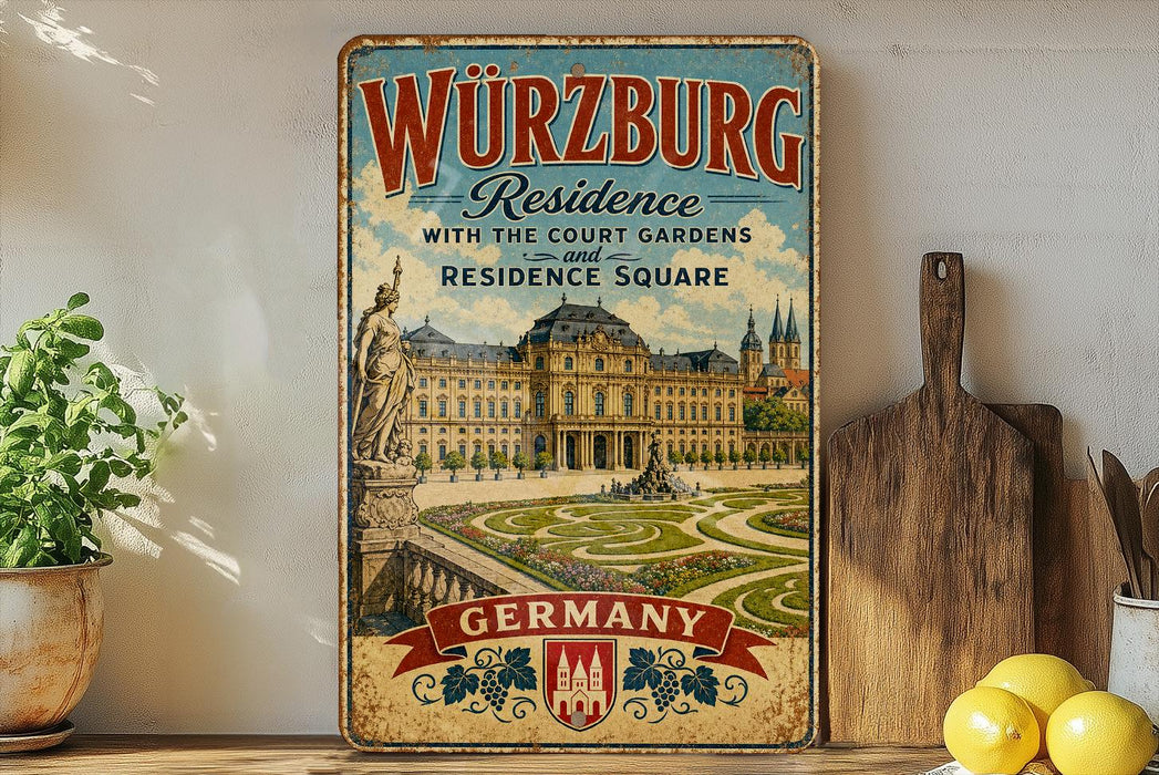 A vintage-style metal sign advertising Würzburg Residence with the Court Gardens in Residence Square, featuring an illustration of the Würzburg Residence and its gardens.