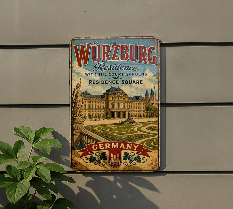 A vintage metal sign with the text "Würzburg Residence with the Court Gardens and Residence Square" and an illustration of a palace, surrounded by greenery.