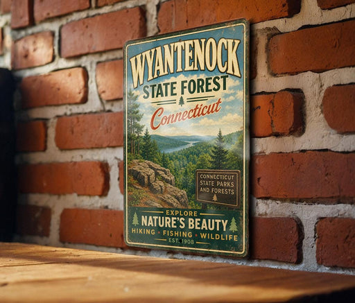 A vintage-style metal sign for Wyantenock State Forest in Connecticut, featuring a scenic landscape with mountains, trees, and a river.