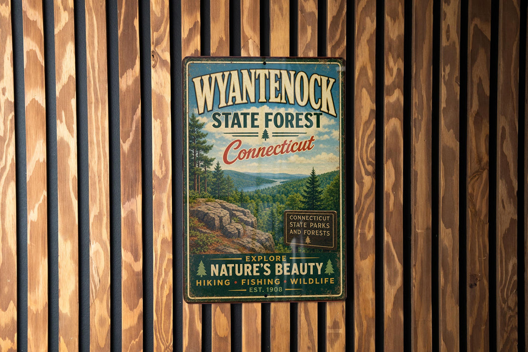 A vintage metal sign for Wyantenock State Forest in Connecticut, featuring a scenic image of the forest and mountains.