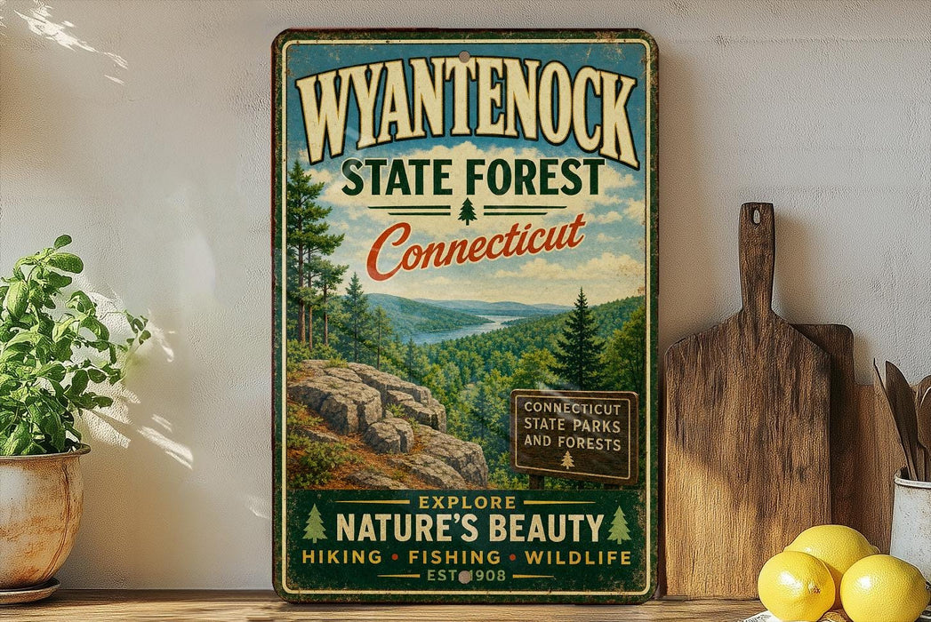 A vintage-style metal sign for Wyantenock State Forest in Connecticut, featuring a scenic landscape with pine trees, a lake, and mountains.