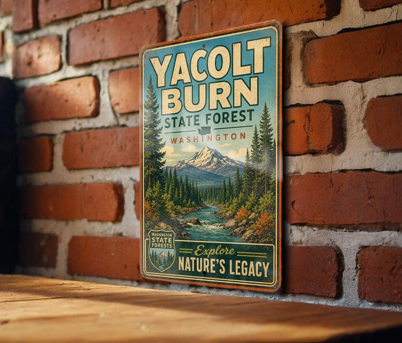 A vintage-style metal sign for Yacolt Burn State Forest in Washington, featuring a scenic mountain landscape with pine trees and a river.