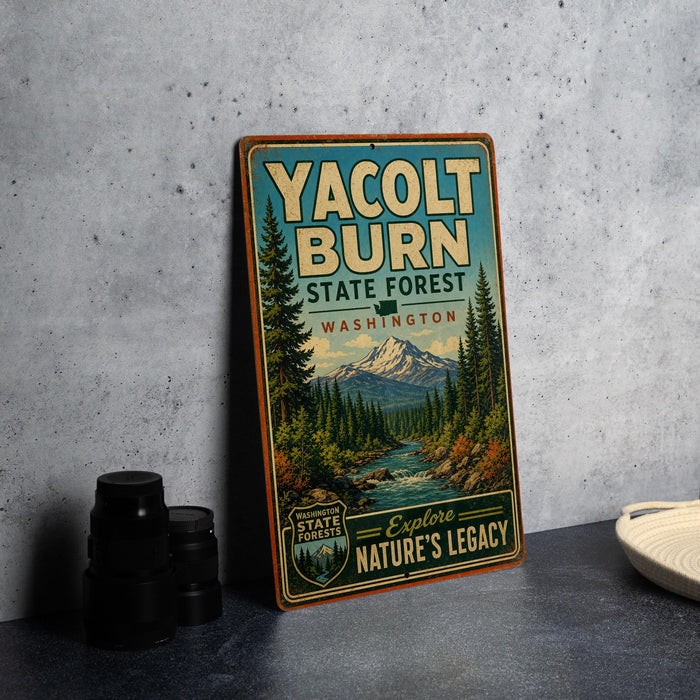 A vintage-style sign for Yacolt Burn State Forest in Washington, featuring a scenic mountain landscape and a river.