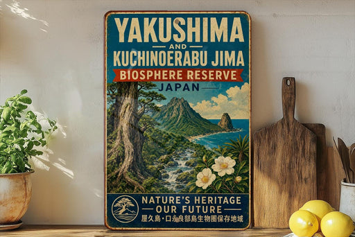 A vintage-style sign for the Yakushima and Kuchinoerabu Jima Bioserve Reserve in Japan, featuring a tropical landscape with a mountain, river, and flowers.