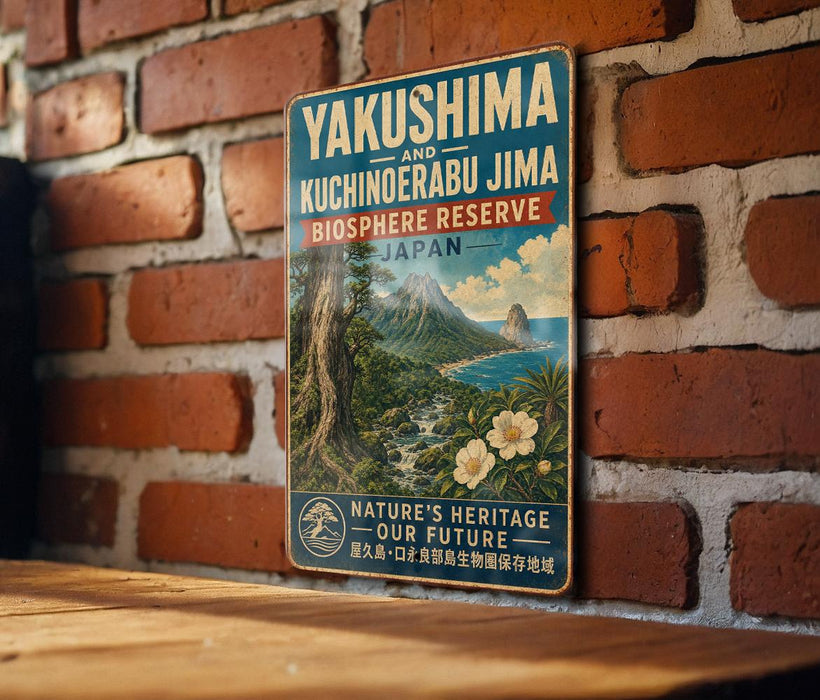 A vintage-style sign for the Yakushima and Kuchinoerabu Jima Biosphere Reserve in Japan, featuring a lush tropical landscape with mountains, waterfalls, and flowers.