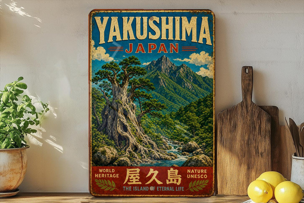 A vintage-style poster of Yakushima, Japan, featuring a scenic mountain landscape with a river and lush greenery. The poster is displayed on a wall, surrounded by various kitchen items such as a cutting board, a lemon, and a potted plant.