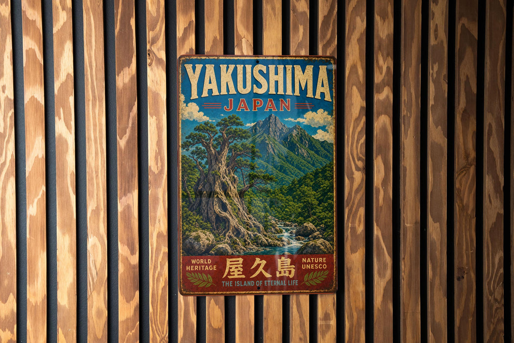 A vintage metal sign with the text "Yakushima Japan" and a scenic illustration of a mountain landscape with a waterfall.