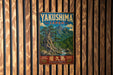A vintage metal sign with the text "Yakushima Japan" and a scenic illustration of a mountain landscape with a waterfall.